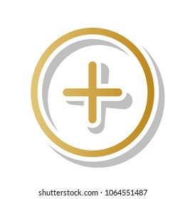 Positive symbol plus sign. Vector. Golden gradient icon with white contour and rotated gray shadow at white background.