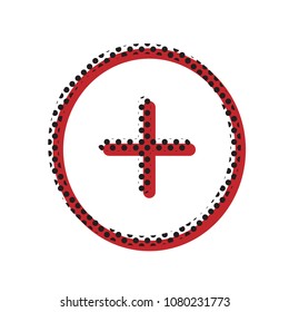 Positive symbol plus sign. Vector. Brown icon with shifted black circle pattern as duplicate at white background. Isolated.