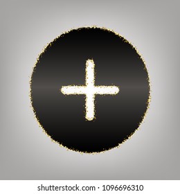 Positive symbol plus sign. Vector. Blackish icon with golden stars at grayish background.