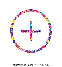 Positive symbol plus sign. Vector. Stained glass icon on white background. Colorful polygons. Isolated.
