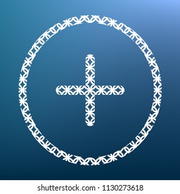 Positive symbol plus sign. Vector. White textured icon at lapis lazuli gradient background.