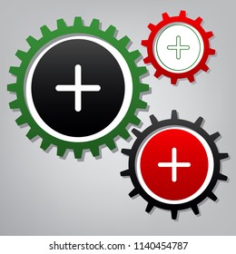 Positive symbol plus sign. Vector. Three connected gears with icons at grayish background.