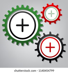 Positive symbol plus sign. Vector. Three connected gears with icons at grayish background.