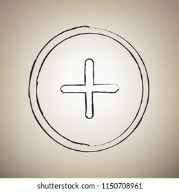 Positive symbol plus sign. Vector. Brush drawed black icon at light brown background.