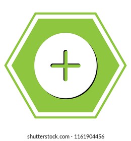 Positive symbol plus sign. Vector. White icon with black shadow at yellow green honeycomb on white background.