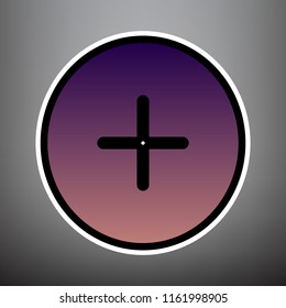 Positive symbol plus sign. Vector. Violet gradient icon with black and white linear edges at gray background.