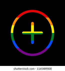 Positive symbol plus sign. Vector. Icon with colors of LGBT flag at black background.