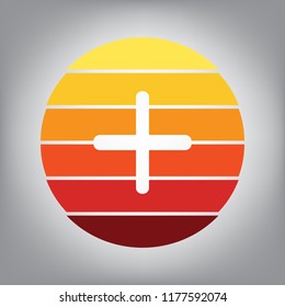 Positive symbol plus sign. Vector. Horizontally sliced icon with colors from sunny gradient in gray background.