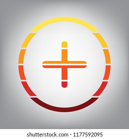 Positive symbol plus sign. Vector. Horizontally sliced icon with colors from sunny gradient in gray background.