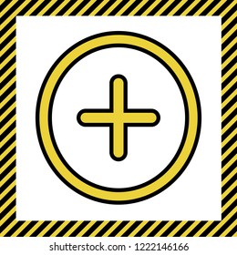 Positive symbol plus sign. Vector. Warm yellow icon with black contour in frame named as under construction at white background. Isolated.