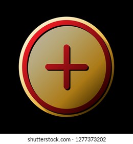 Positive Symbol Plus Sign. Vector. Red Icon With Small Black And Limitless Shadows At Golden Sticker On Black Background.