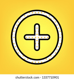 Positive symbol plus sign. Vector. Yellow polka dot white icon with black contour at warm yellow background.