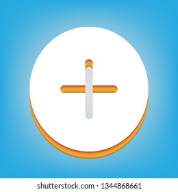 Positive symbol plus sign. Vector. White icon with 3d warm-colored gradient body at sky blue background.