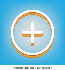 Positive symbol plus sign. Vector. White icon with 3d warm-colored gradient body at sky blue background.