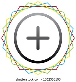Positive symbol plus sign. Vector. Black icon with patch of light inside colorful hexagonal frames at white background.