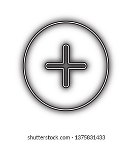 Positive symbol plus sign. Vector. Double contour black icon with soft shadow at white background. Isolated.