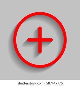 Positive symbol plus sign. Vector. Red icon with soft shadow on gray background.