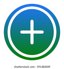 Positive symbol plus sign. Vector. White icon in bluish circle on white background. Isolated.