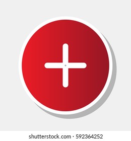Positive symbol plus sign. Vector. New year reddish icon with outside stroke and gray shadow on light gray background.