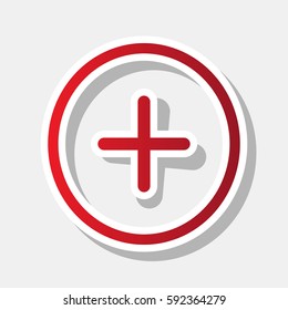 Positive symbol plus sign. Vector. New year reddish icon with outside stroke and gray shadow on light gray background.