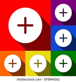 Positive symbol plus sign. Vector. Set of icons with flat shadows at red, orange, yellow, green, blue and violet background.
