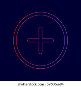 Positive symbol plus sign. Vector. Line icon with gradient from red to violet colors on dark blue background.