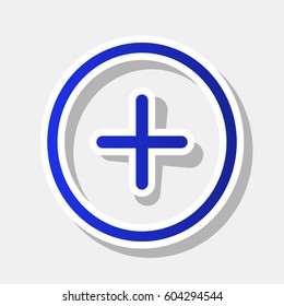 Positive symbol plus sign. Vector. New year bluish icon with outside stroke and gray shadow on light gray background.