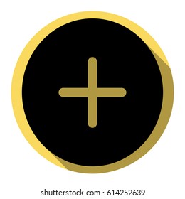 Positive symbol plus sign. Vector. Flat black icon with flat shadow on royal yellow circle with white background. Isolated.