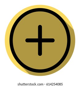 Positive symbol plus sign. Vector. Flat black icon with flat shadow on royal yellow circle with white background. Isolated.