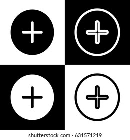 Positive symbol plus sign. Vector. Black and white icons and line icon on chess board.