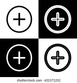 Positive symbol plus sign. Vector. Black and white icons and line icon on chess board.