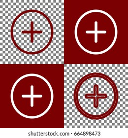 Positive symbol plus sign. Vector. Bordo and white icons and line icons on chess board with transparent background.