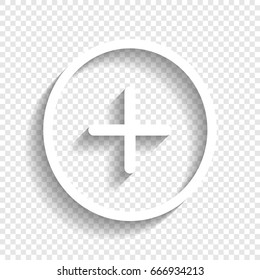 Positive symbol plus sign. Vector. White icon with soft shadow on transparent background.