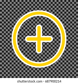 Positive symbol plus sign. Vector. Yellow icon with white contour on dark transparent background.