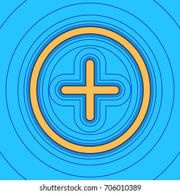 Positive symbol plus sign. Vector. Sand color icon with black contour and equidistant blue contours like field at sky blue background. Like waves on map - island in ocean or sea.