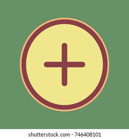 Positive symbol plus sign. Vector. Cordovan icon and mellow apricot halo with light khaki filled space at russian green background.