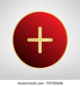 Positive symbol plus sign. Vector. Red icon on gold sticker at light gray background.
