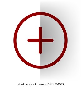 Positive symbol plus sign. Vector. Bordo icon on white bending paper background.
