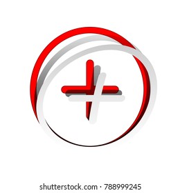 Positive symbol plus sign. Vector. Detachable paper icon with red body stock. Isolated.