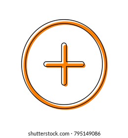 Positive symbol plus sign. Vector. Black line icon with shifted flat orange filled icon on white background. Isolated.