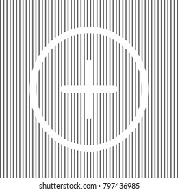 Positive symbol plus sign. Vector. White icon on grayish striped background. Optical illusion.
