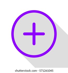 Positive symbol plus sign. Violet icon with flat style shadow path.