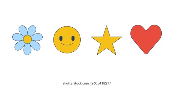 Positive symbols 2D cartoon objects set. Happiness, love and positivity. Emoticon smile, daisy flower, star, heart isolated elements flat vector clip arts on white. Spot illustrations collection