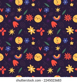 Positive symbols seamless pattern. Funny hippy stickers. Smiles and hearts. Happy emotions. Cute summer flowers and rainbows. Color signs. Optimistic mood print. Garish