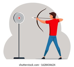 Positive teenager boy with bow and arrow aiming to shoot target. Young male athlete archer sportsman training. Guy with archery equipment. Good hobby. Active sport lifestyle. Vector illustration