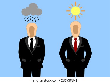 positive thinking, 2 business man think different attitude concept sun and rain, run away from negative people, cartoon character vector illustration design