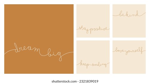 Colección de pensamiento positivo y frases afirmativas. Conjunto de ilustraciones de arte de línea de vector. Soñar grande, ser positivo, ser amable, seguir sonriendo, amarse a sí mismo texto aislado en amarillo, de fondo beige.