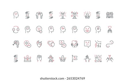 Pensamento positivo e atitude, bom humor e sorriso para melhor conjunto de ícone de linha de vida. Força de super-herói, harmonia e pensamentos de amor, celebração fina preto e vermelho esboço símbolos ilustração vetor