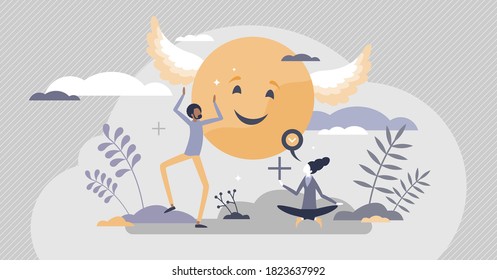 Positive thinking attitude with mind optimism lifestyle tiny persons concept. Psychological happy strategy as feelings and thoughts management and control vector illustration. Emotional state decision