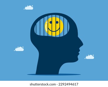 Positive thinking or blocking creativity. Good mood icon in a prison on a human head